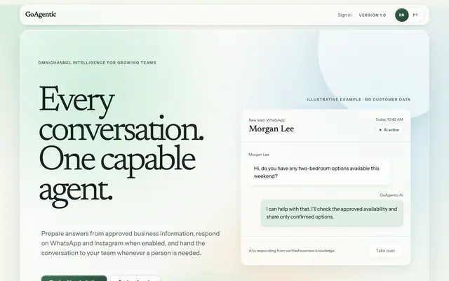 GoAgentic homepage: the serif headline Every conversation. One capable agent, with an example conversation card and a sign-in link.