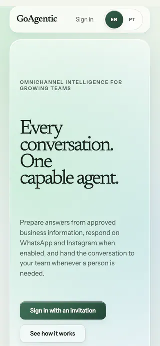 The GoAgentic page on a phone: headline, supporting paragraph and the example conversation stacked in one column.