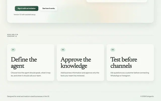 GoAgentic workflow section: three columns headed Define the agent, Approve the knowledge and Test before channels.