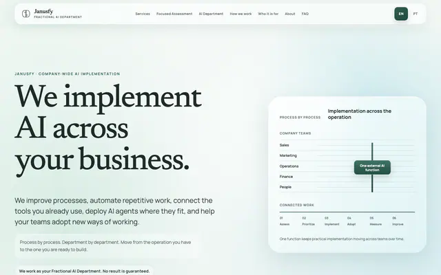 Janusfy English website presenting AI implementation services for businesses.