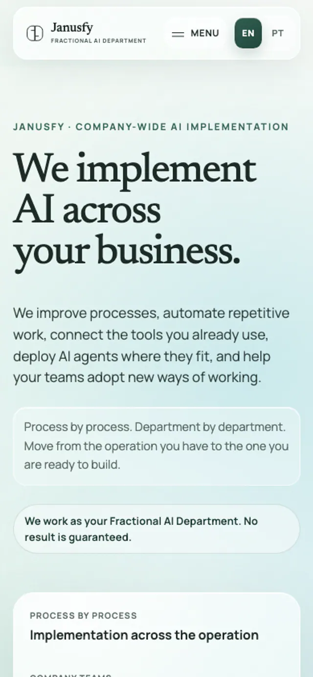 The Janusfy page on a phone: the serif headline, supporting paragraph and numbered service list in one column.