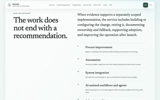 Janusfy section explaining that the work does not end with a recommendation, with a numbered list of services.
