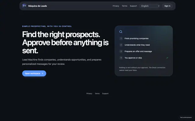 LeadMachine English landing page explaining prospecting with approval before sending.