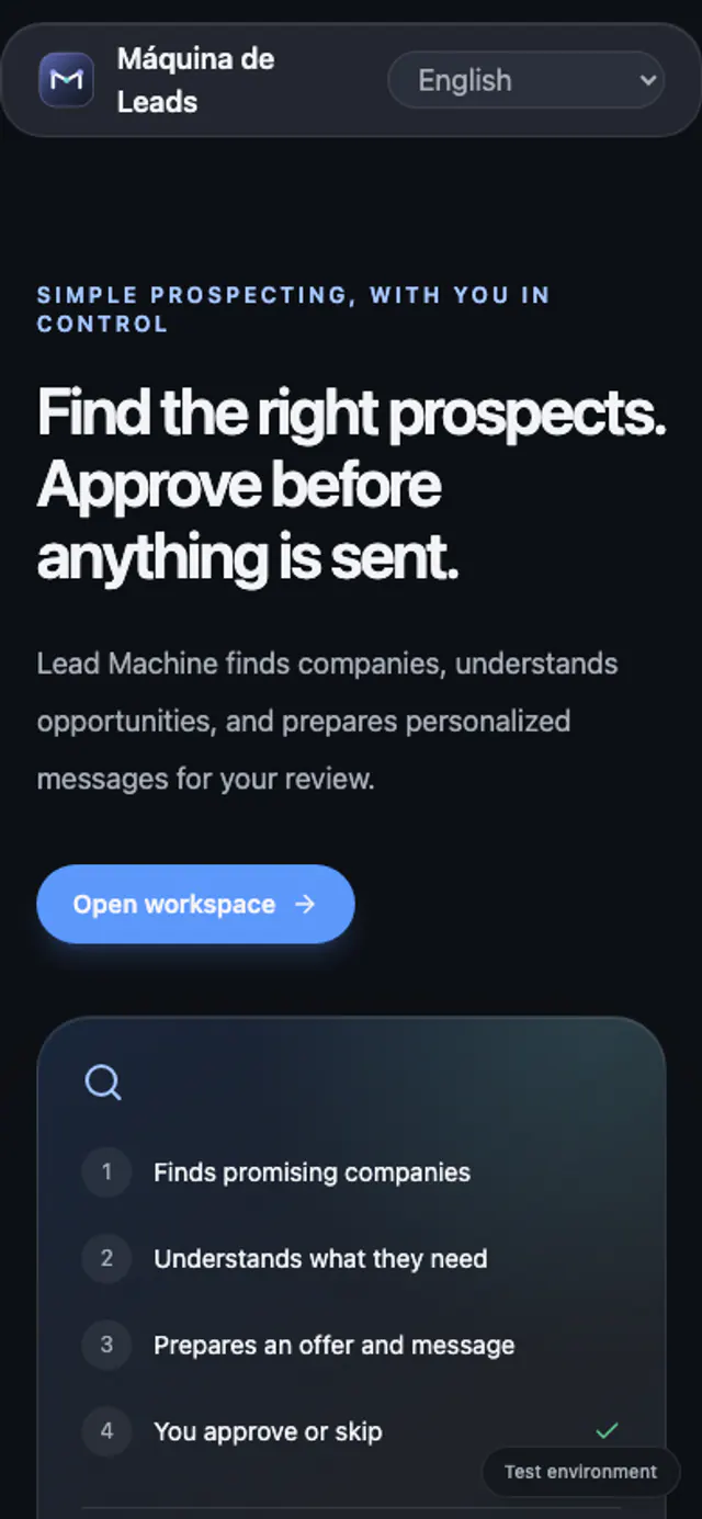 The LeadMachine page on a phone: headline, paragraph, button and the four-step card stacked in one column.
