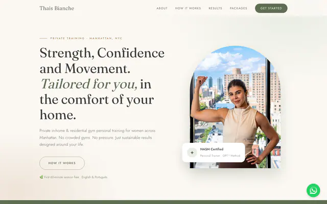 Thais Bianche Fitness website introducing private in-home personal training in Manhattan.
