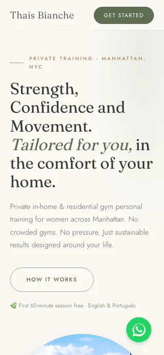 The Thais Bianche Fitness page on a phone: headline, portrait and the Start Here button in one column.