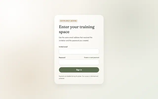 The Thais Bianche OS sign-in screen: a card reading Enter your training space, with email and password fields on a light background.